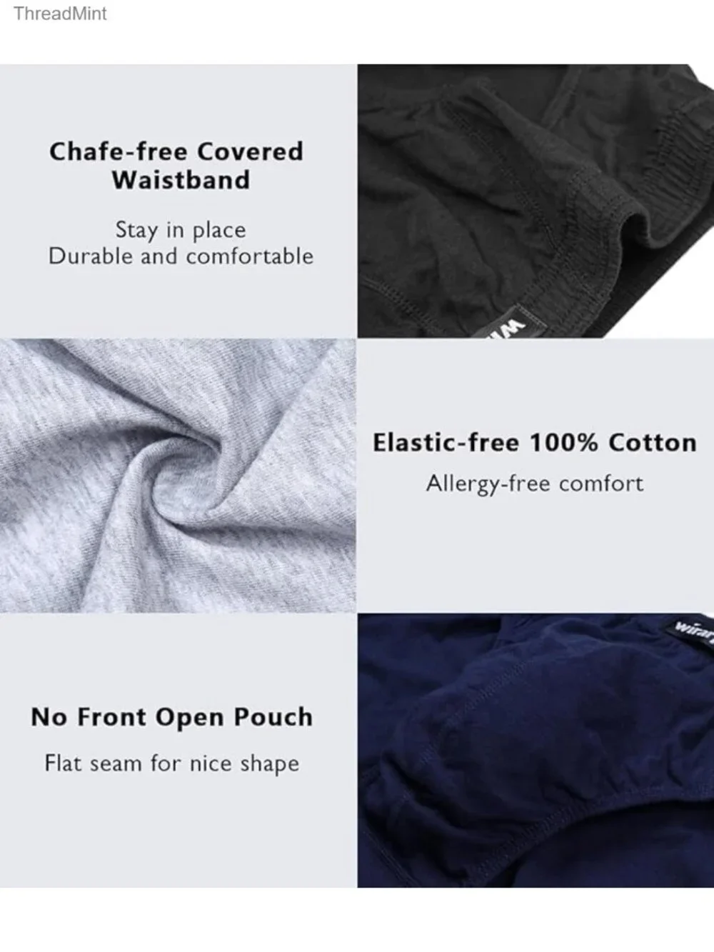 Men's 100% Cotton Underwear Briefs No Fly Covered Waistband Low Rise